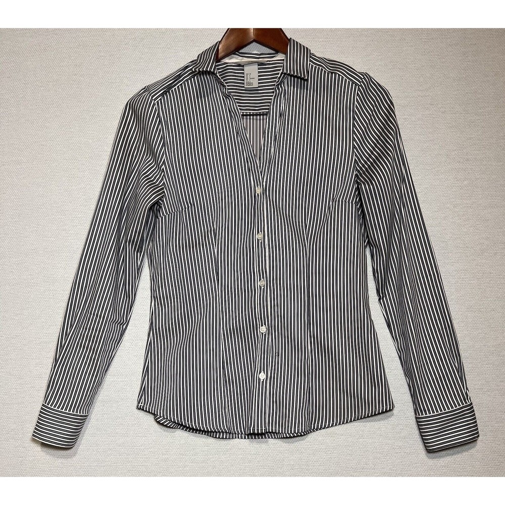 H & M  Shirt Women Sz 6 Long Sleeve Blouse White w/ Black Stripes